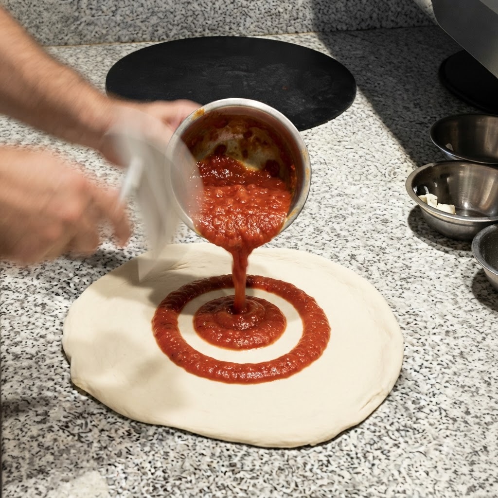 Salsa de tomate seco siendo vertida y esparcida en círculos sobre la masa de pizza.