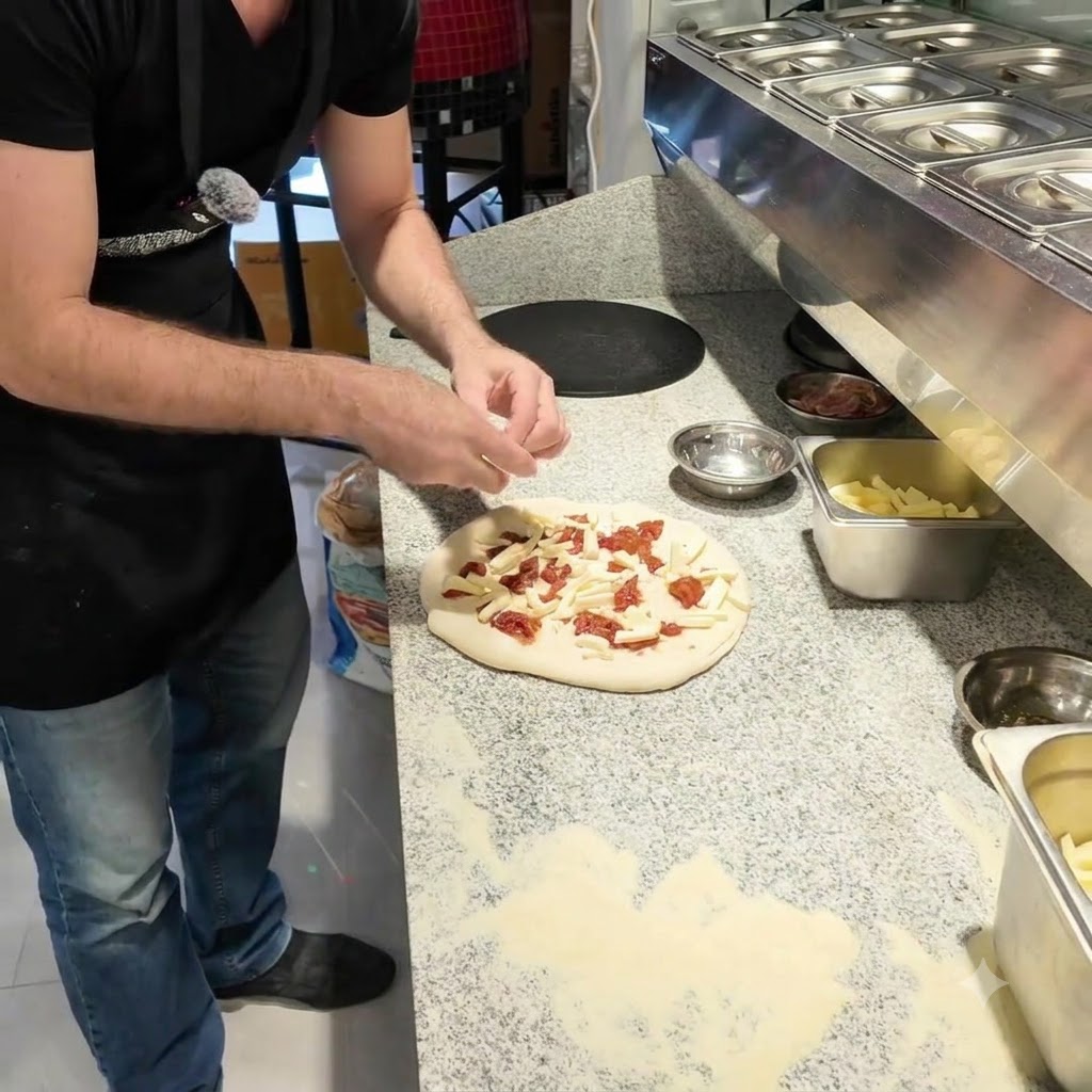 Trozo de queso fresco de cabra siendo colocado a mano sobre la parte superior de la pizza.
