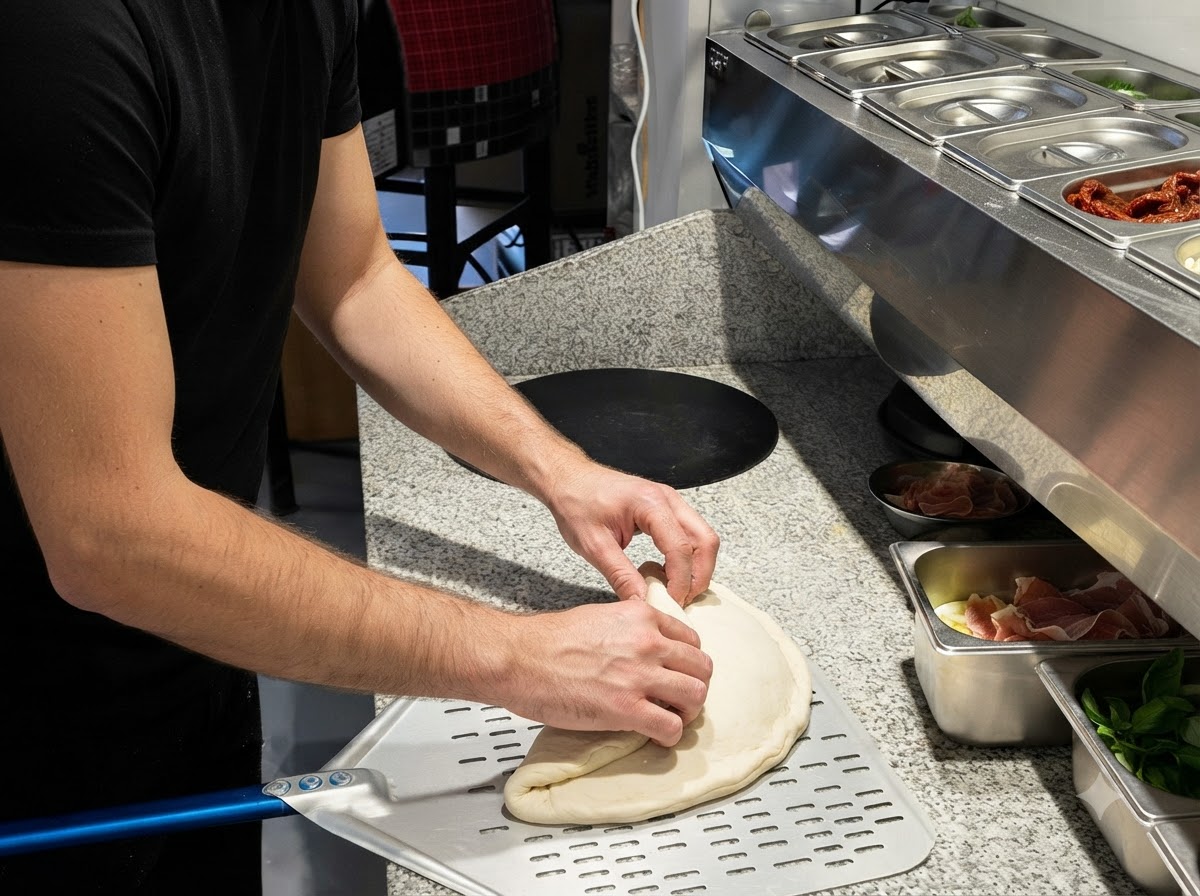 Una pizza sobre una pala metálica preparándose para ser introducida en un horno de piedra abovedado.