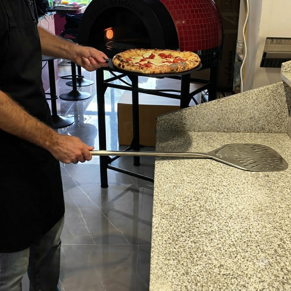 Una pizza recién horneada situada cerca de un horno de ladrillo con una pala metálica en la encimera.