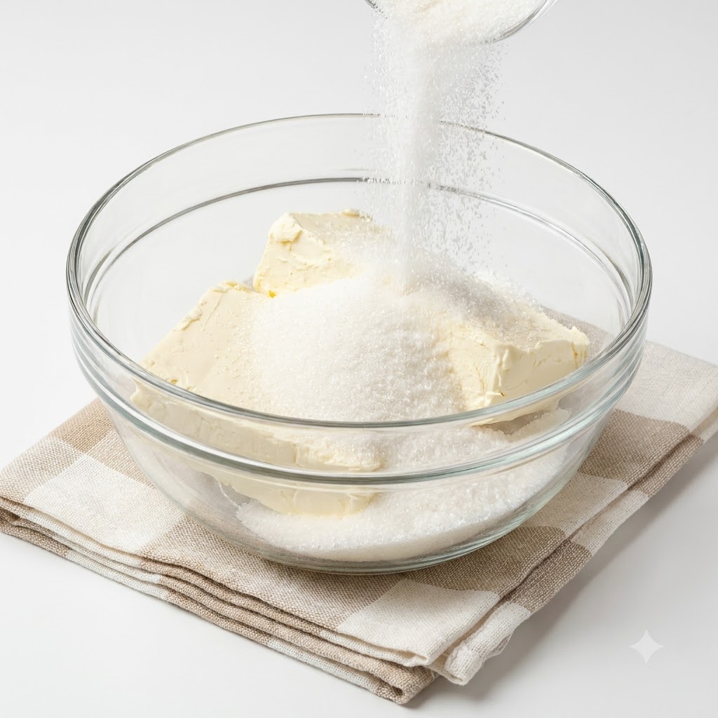 Queso crema y azúcar blanca mezclándose en un tazón de vidrio.