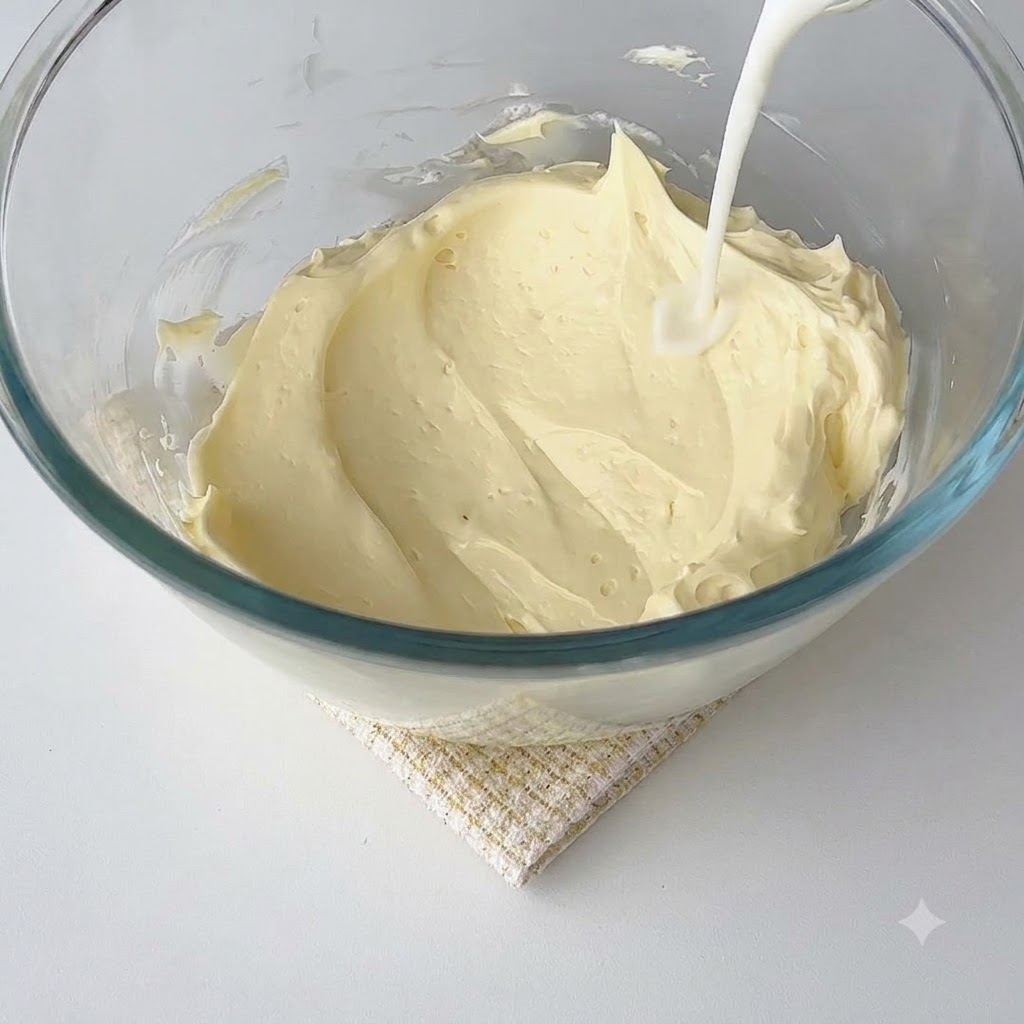 Mezcla de leche y gelatina siendo vertida en el queso crema suave.