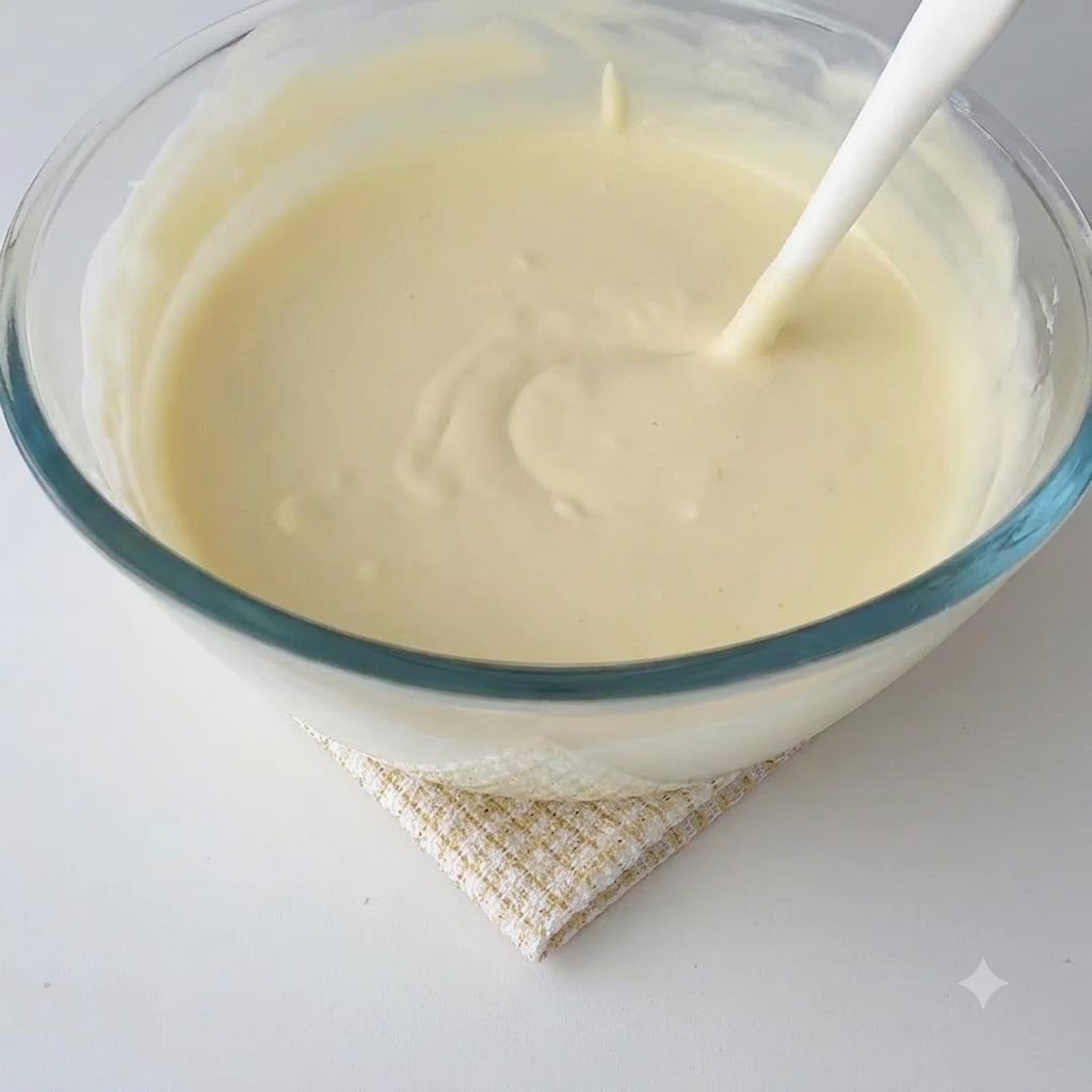 Crema ligera siendo incorporada en la mezcla de queso.