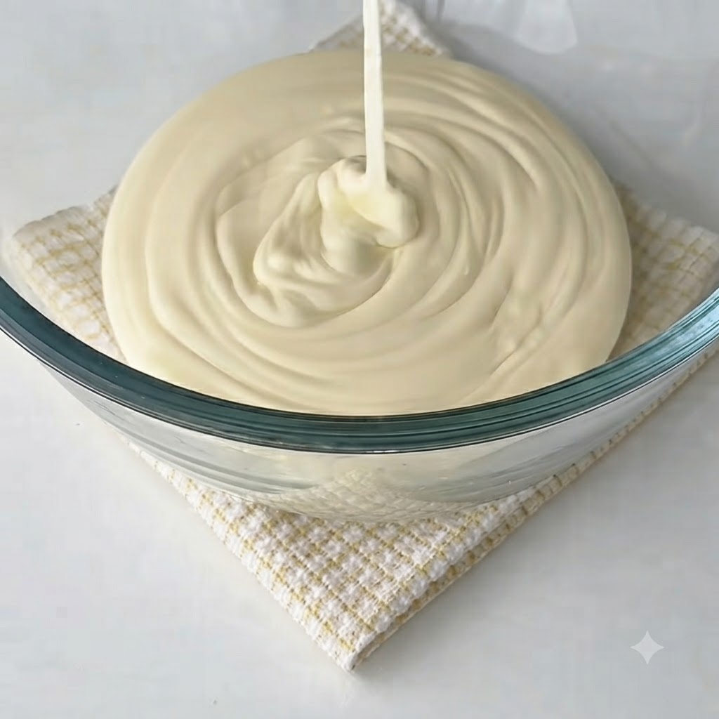 Un batidor mezclando mermelada de higo en una crema de queso blanca dentro de un tazón de vidrio, volviendo la mezcla de color rosado.