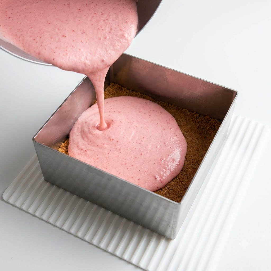 Mezcla de mousse rosa siendo vertida desde un tazón hacia un aro de pastel cuadrado de metal que contiene una capa de galleta triturada.