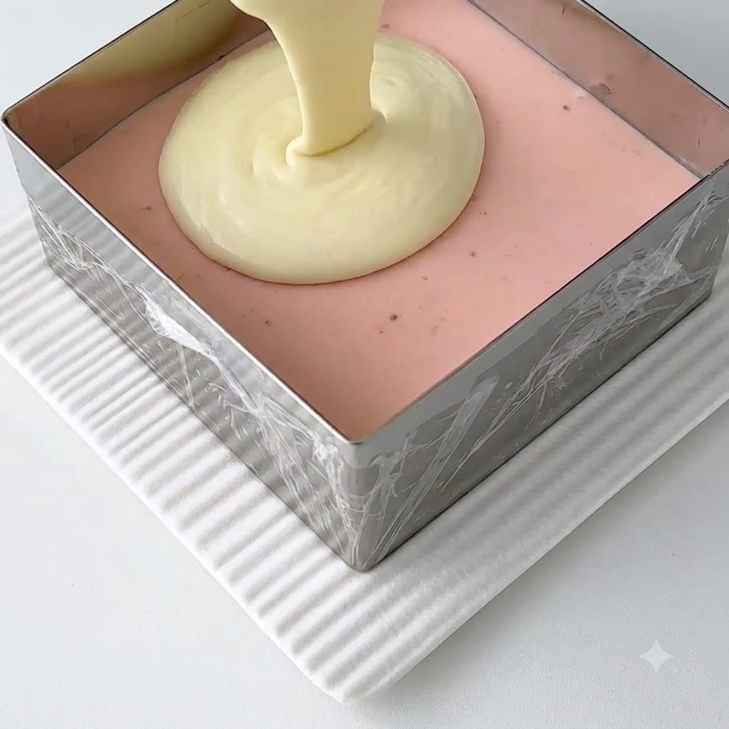 Mezcla de queso blanca siendo vertida sobre la capa de mousse rosa ya cuajada dentro de un molde cuadrado de metal.