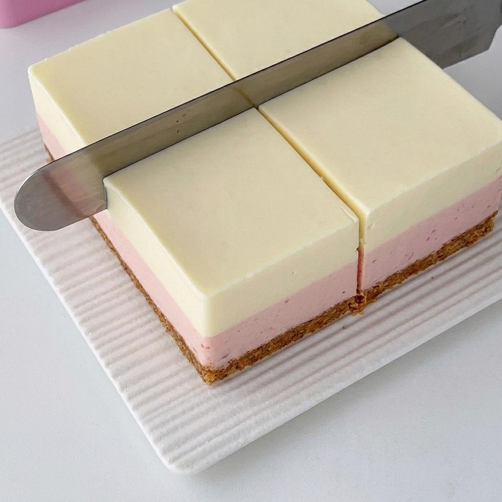 Un cuchillo largo de metal cortando un cheesecake en capas completamente cuajado en cuadrados uniformes sobre una alfombrilla texturizada blanca.