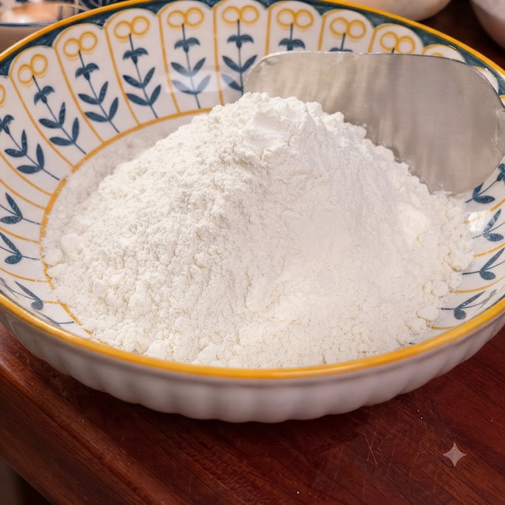 Un montón de harina blanca dentro de un bol decorativo con una rasqueta metálica apoyada en el lateral.
