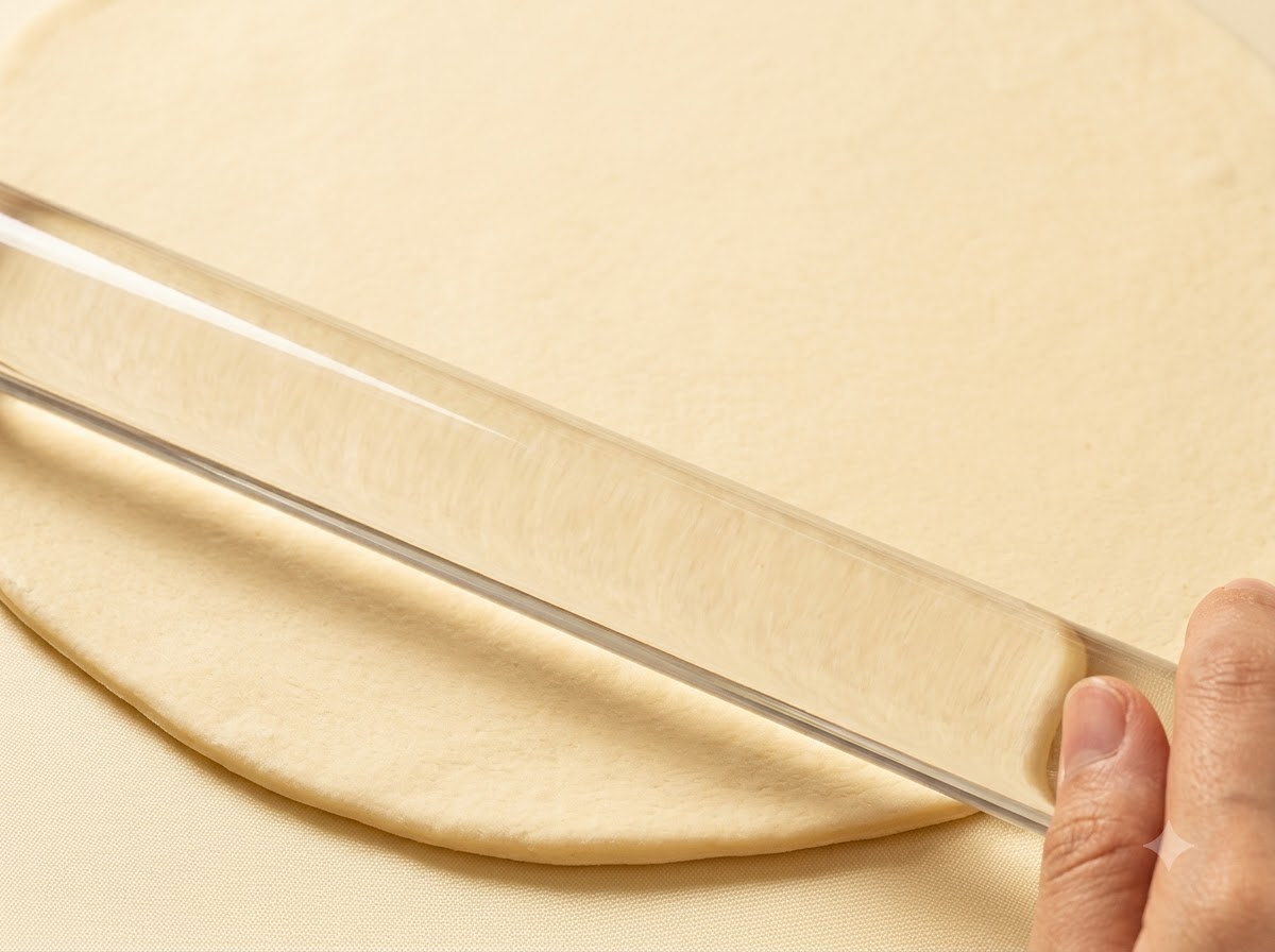 Un rodillo transparente aplanando una pieza redonda y lisa de masa de pizza sobre una superficie limpia.