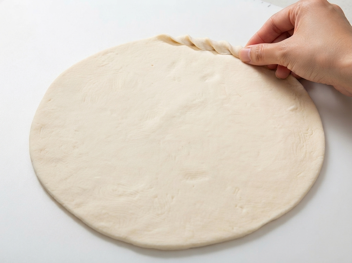 Una mano pellizcando y doblando el borde de una masa de pizza redonda y plana para formar un borde decorativo.