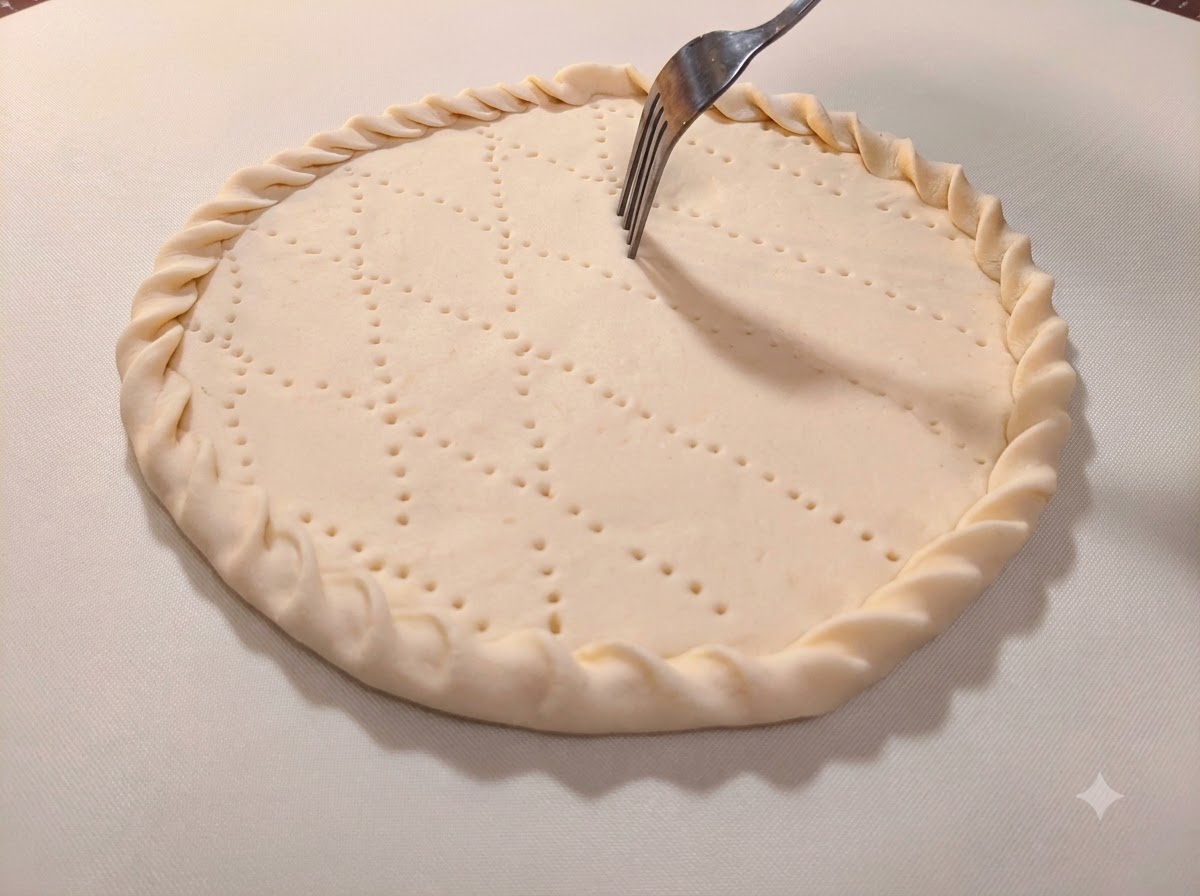 Un tenedor de metal perforando filas de pequeños agujeros en el centro de una base de masa de pizza con forma.