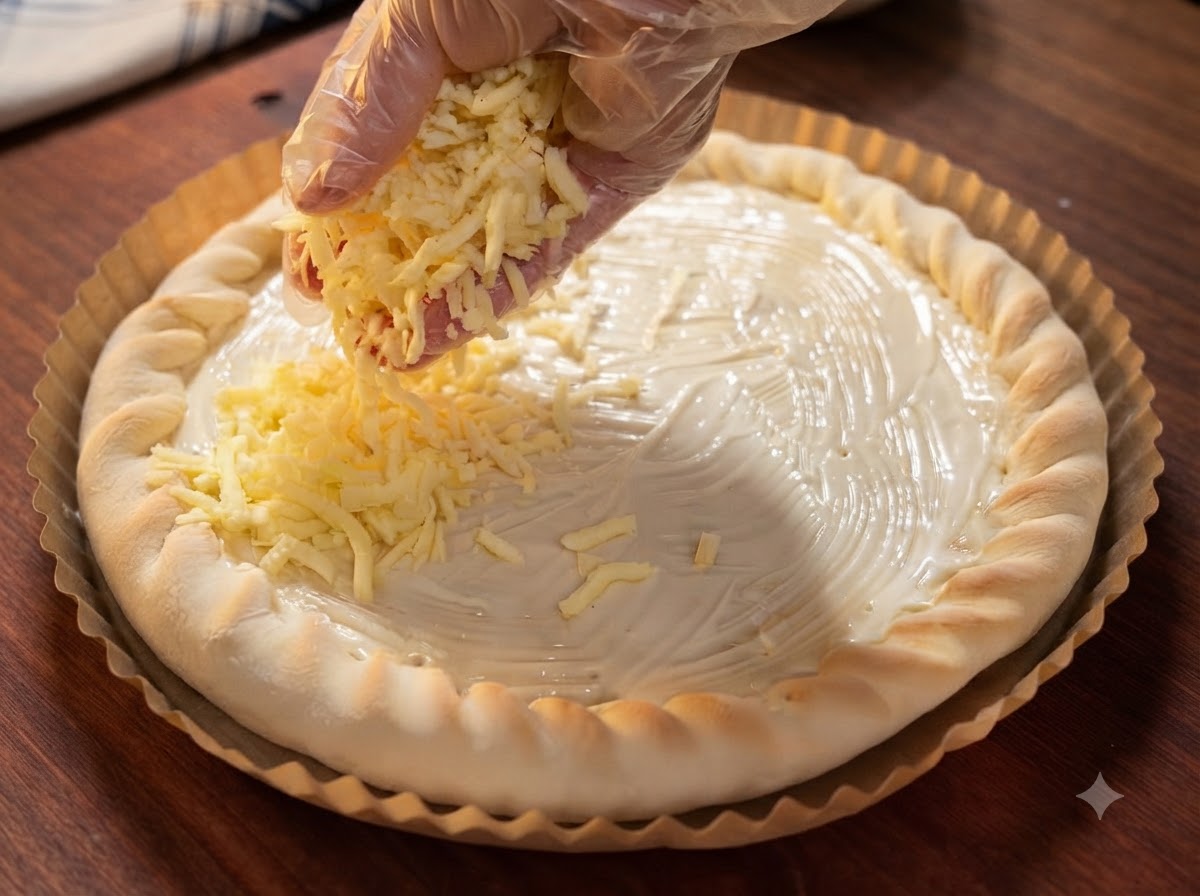 Una mano con guante espolvoreando queso mozzarella rallado sobre la base de pizza cubierta con aderezo.