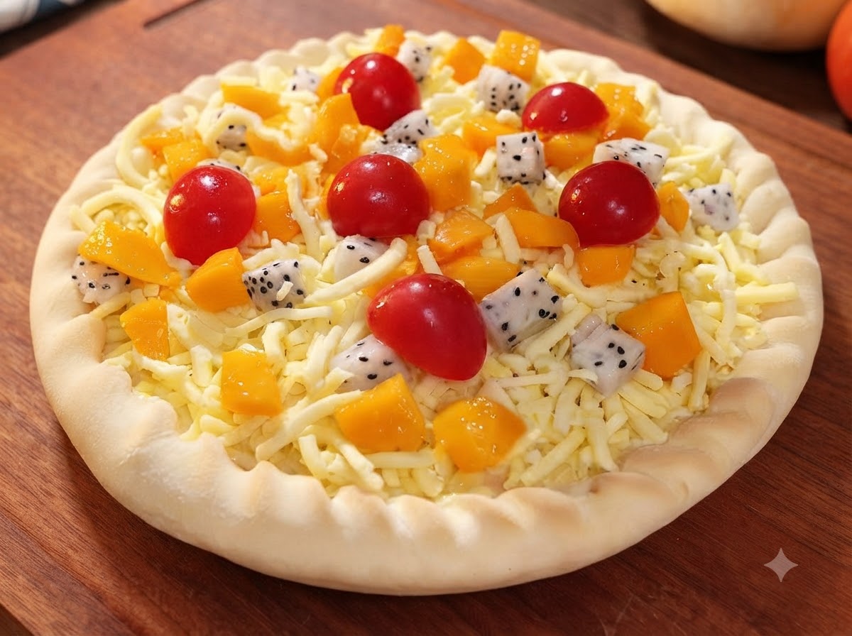 Una pizza cubierta con una capa gruesa de queso mozzarella rallado sobre los ingredientes de fruta, lista para hornear.