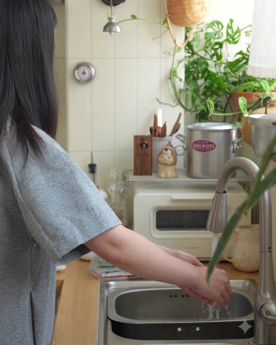Higos frescos lavándose bajo el grifo de la cocina con agua corriente limpia.