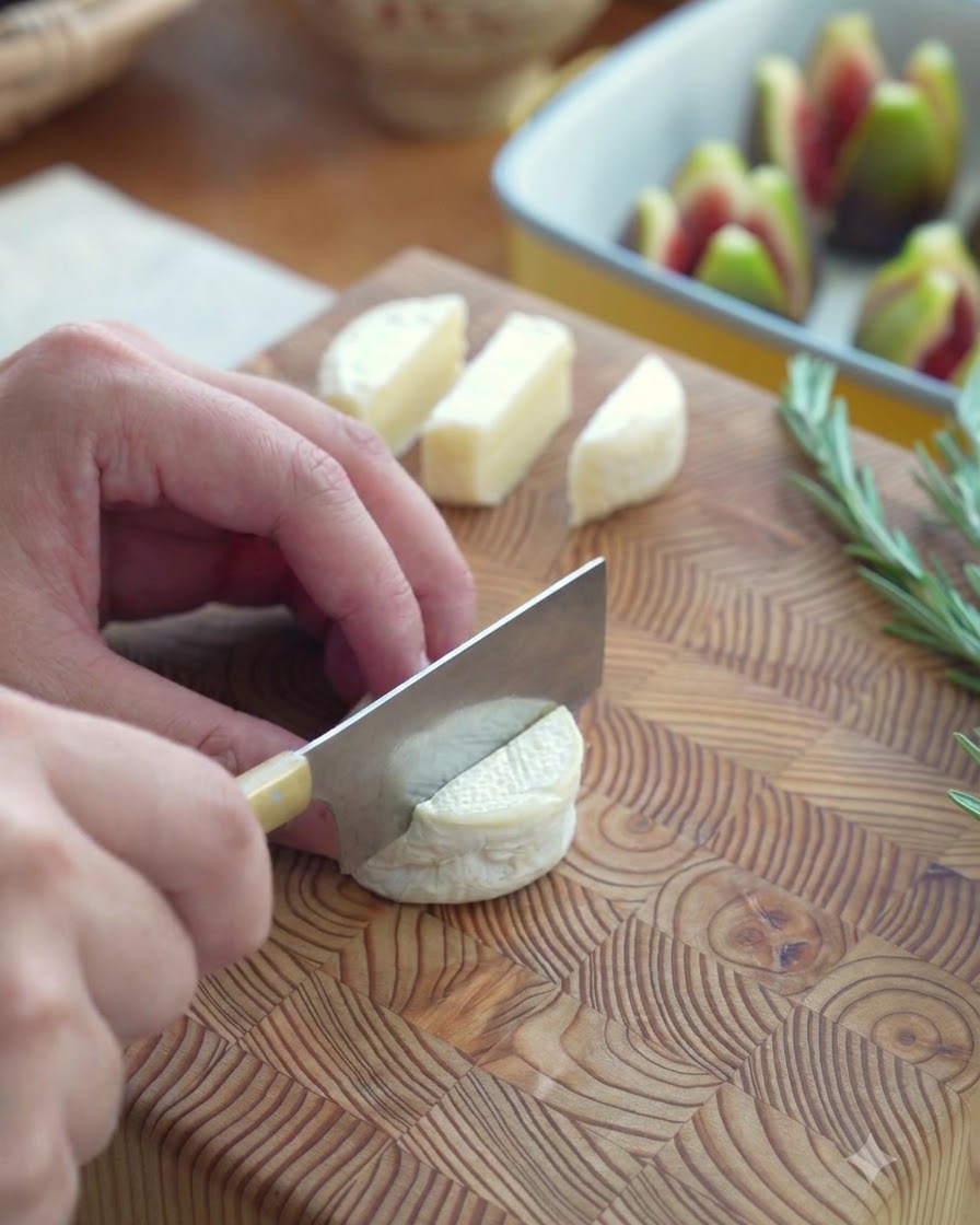 Un cuchillo de cocina cortando una rueda de queso brie mini en una tabla de madera.