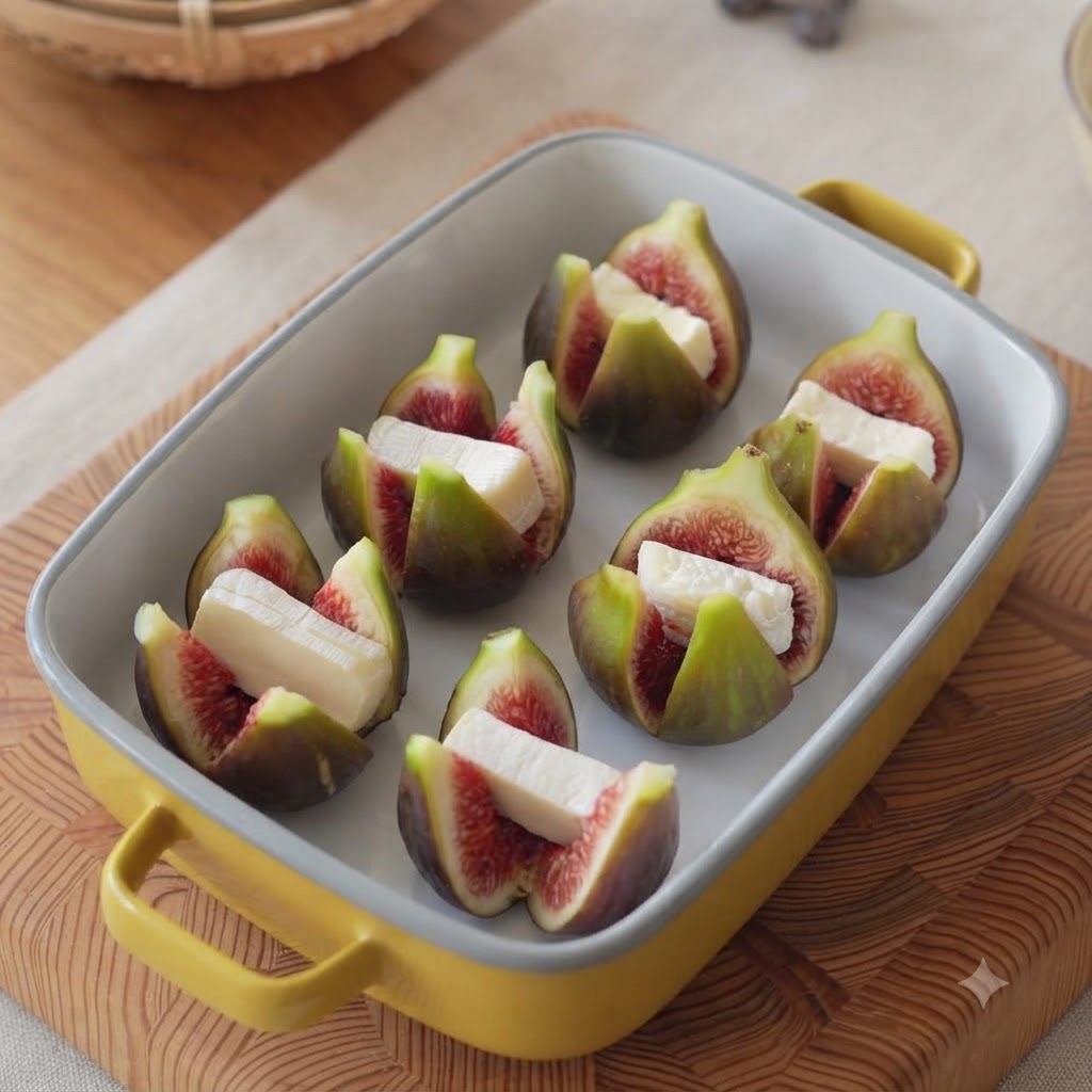 Higos rellenos dispuestos en una fuente para hornear con borde amarillo y nueces picadas espolvoreadas por encima.