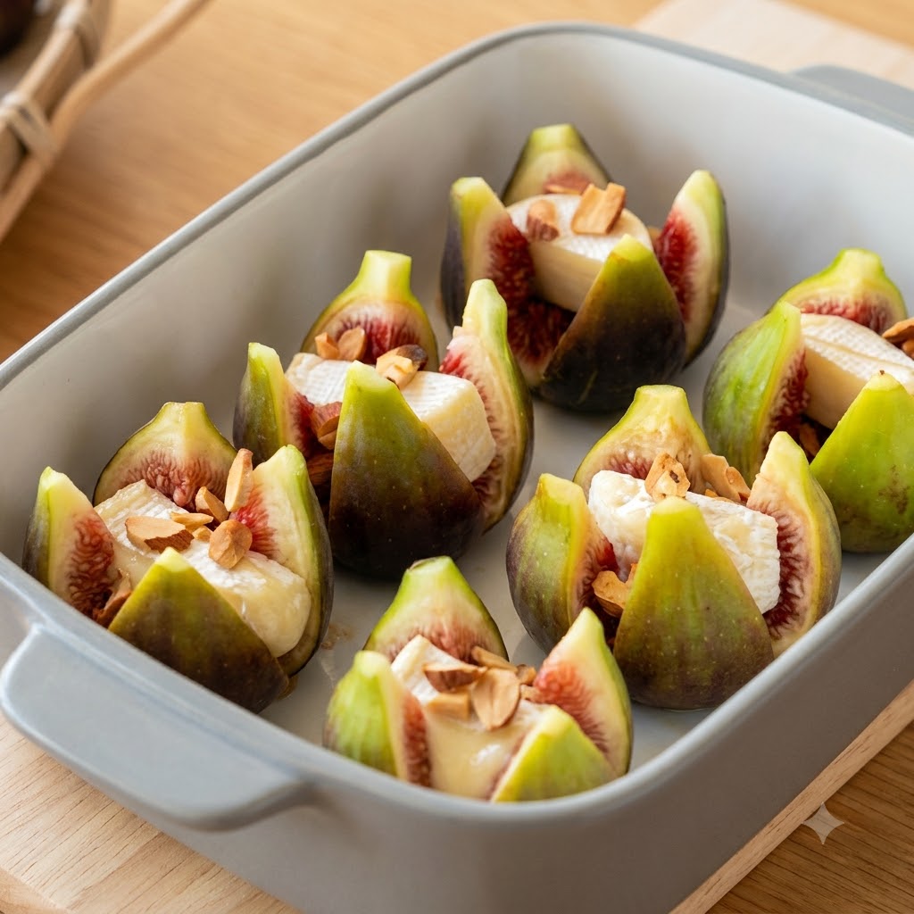 Higos rellenos cubiertos con trozos de jamón y ramitas de romero verde dentro de una fuente para hornear.