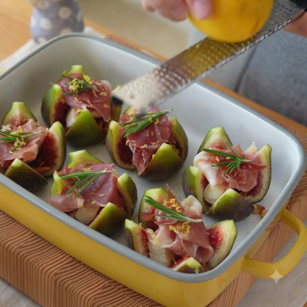 Miel dorada rociándose sobre una fuente para hornear llena de higos rellenos y prosciutto.