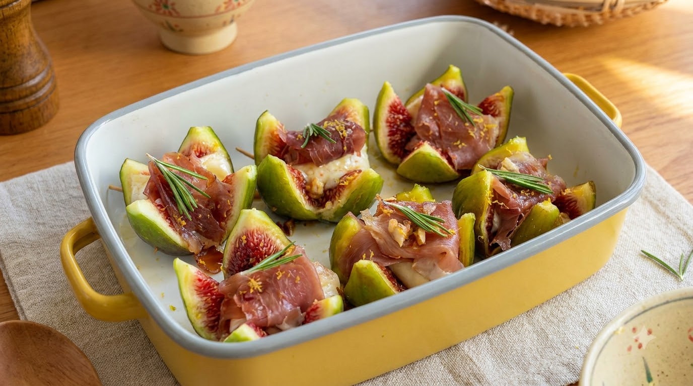 Higos calientes recién horneados, rellenos de brie derretido y prosciutto, adornados con romero fresco.