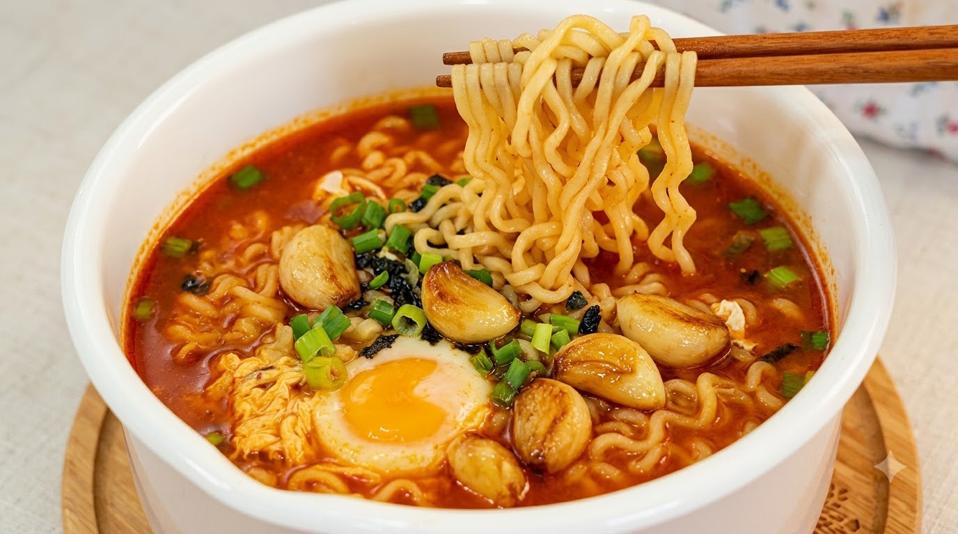 Un reconfortante tazón de ramen coreano picante adornado con ajo asado tierno, cebollas verdes y un huevo perfectamente cocinado.