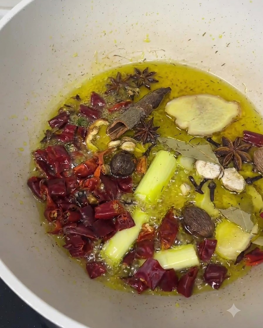 Rodajas de jengibre, cebolletas, anís estrellado y chiles rojos secos chisporroteando en aceite caliente.