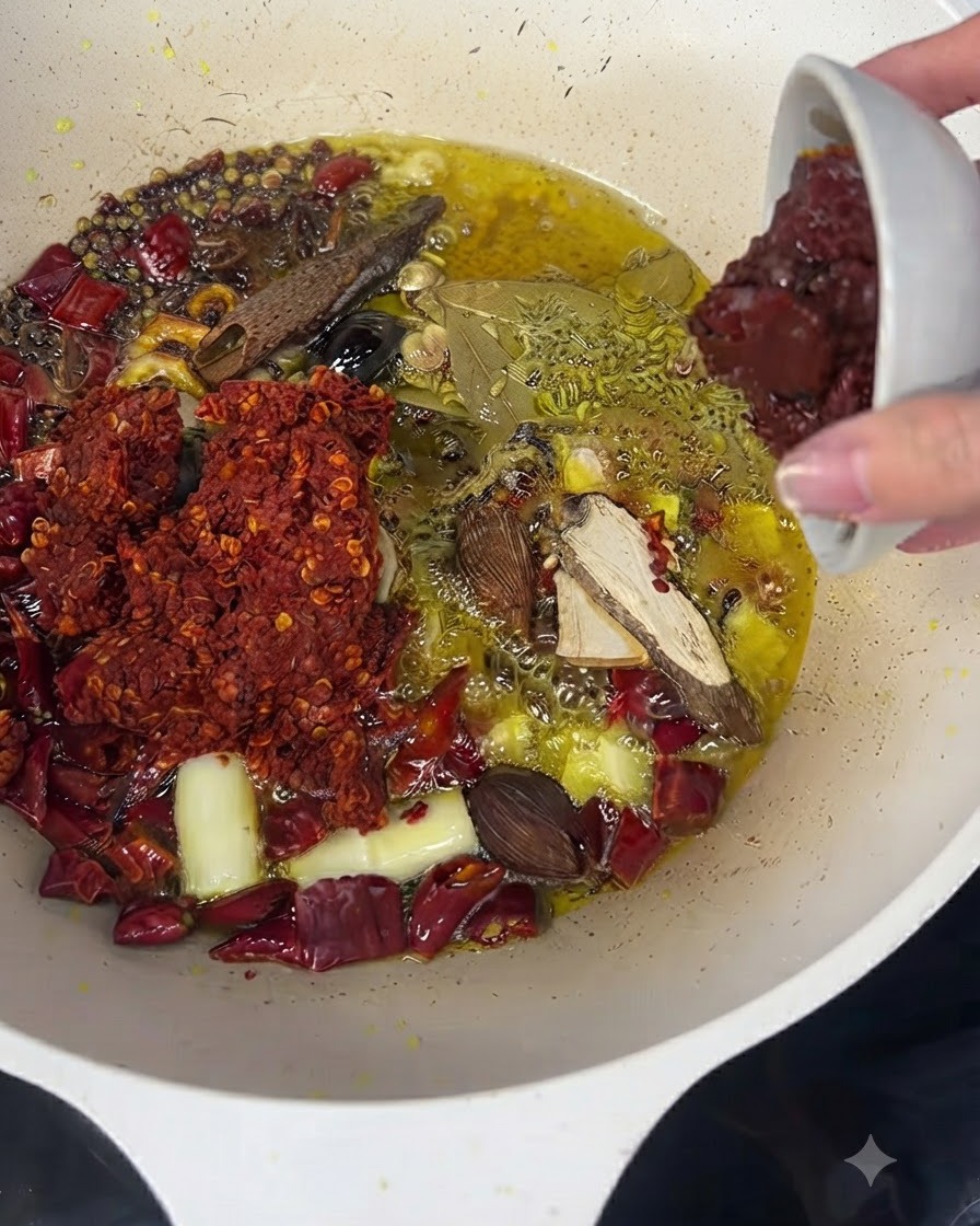 Pasta doubanjiang roja oscura siendo vertida desde un tazón pequeño blanco hacia las especias que se están friendo.