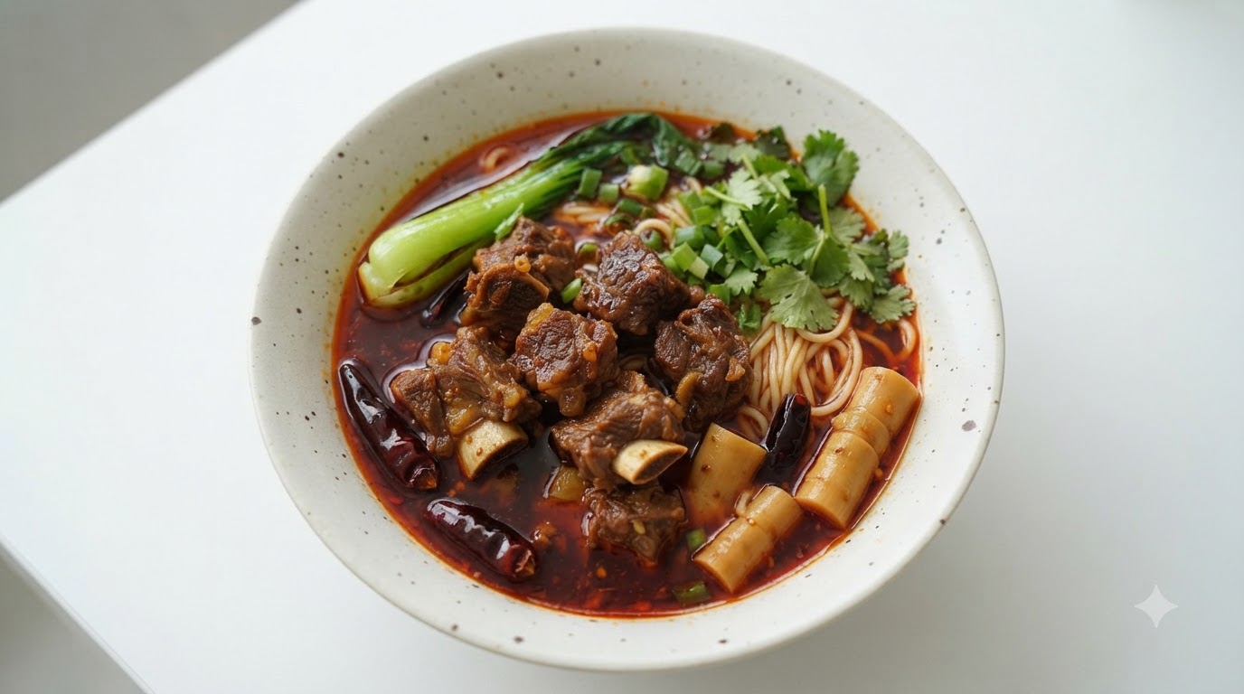 Sopa Casera de Fideos con Carne Estofada y Brotes de Bambú