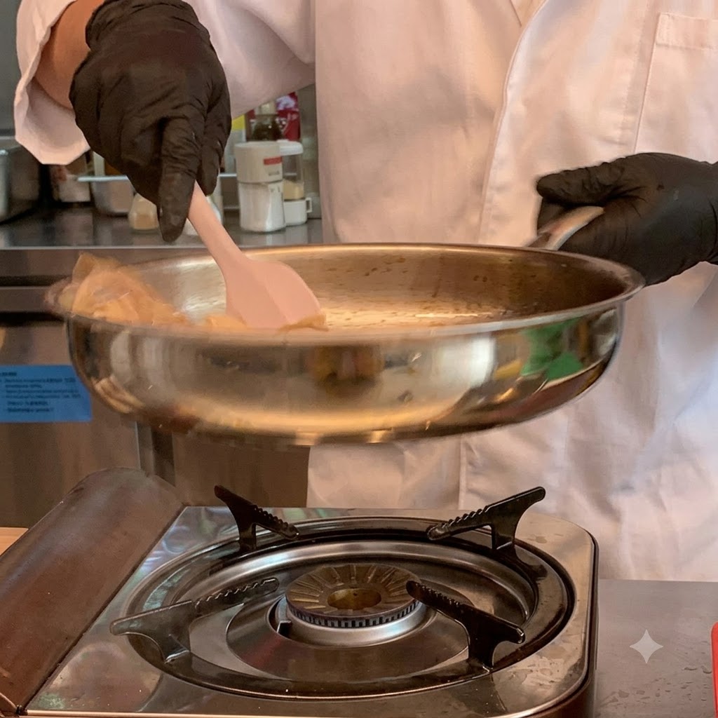 Salsa de soja oscura siendo añadida a los brotes de bambú cocinándose en una sartén sobre un quemador de gas.