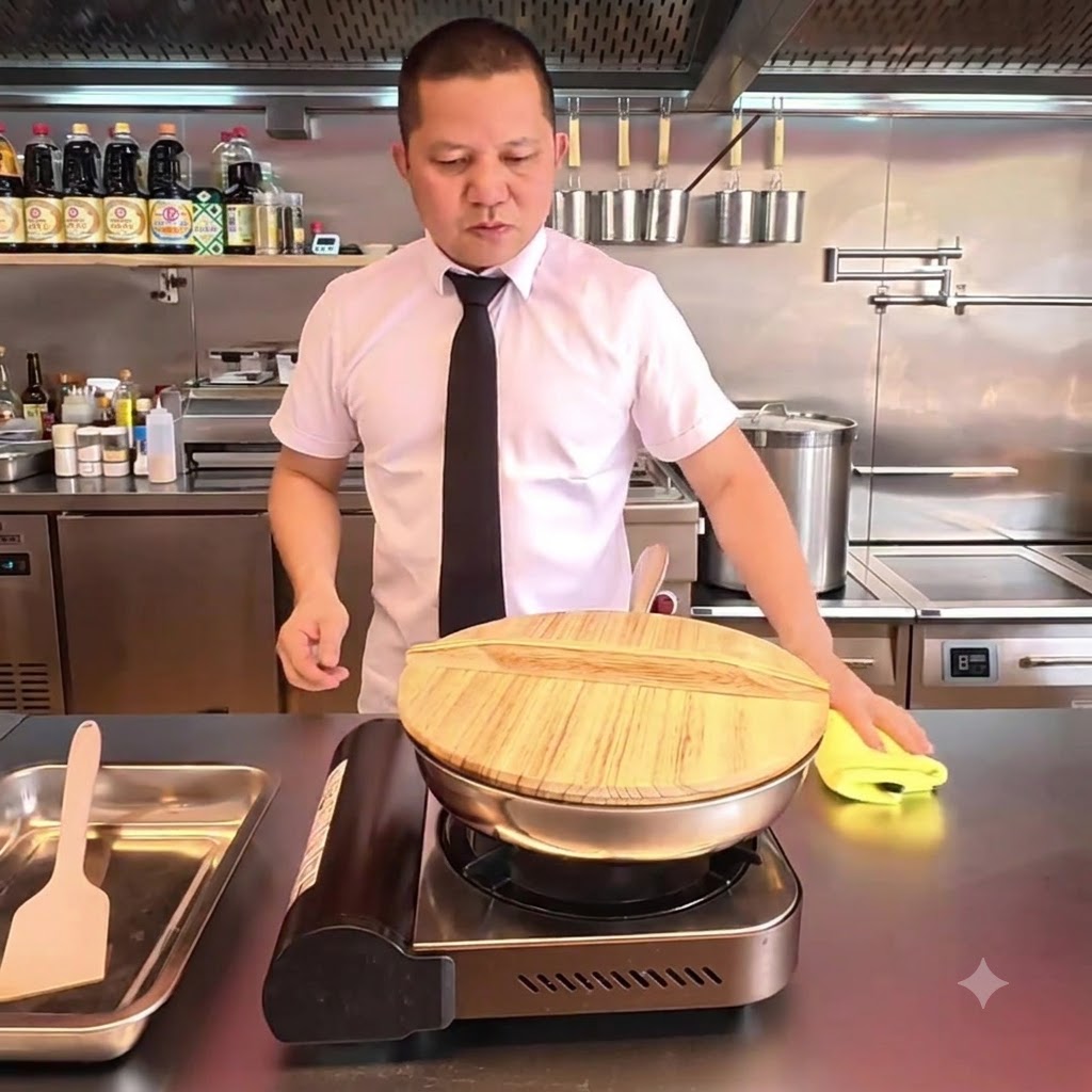 Una tapa de madera siendo colocada sobre una sartén que contiene brotes de bambú cocinados.