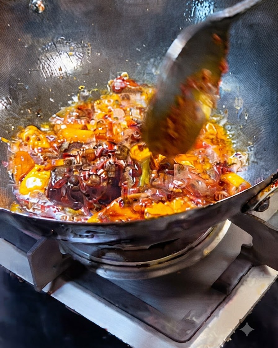 Pasta de judías picante, condimento para hot pot y aromáticos chisporroteando en aceite dentro de un wok.