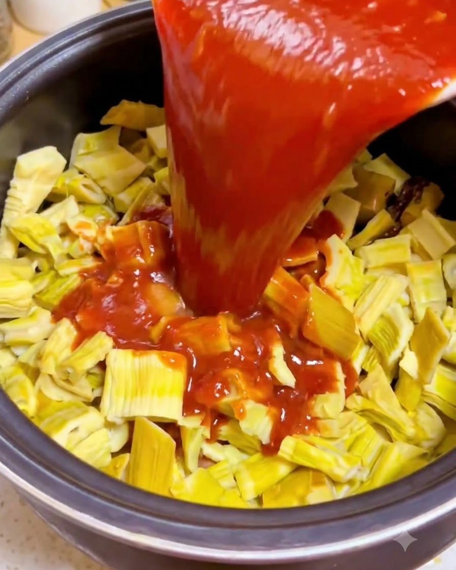 Caldo rojo especiado rico vertiéndose directamente desde un recipiente a una olla a presión llena de brotes de bambú picados.