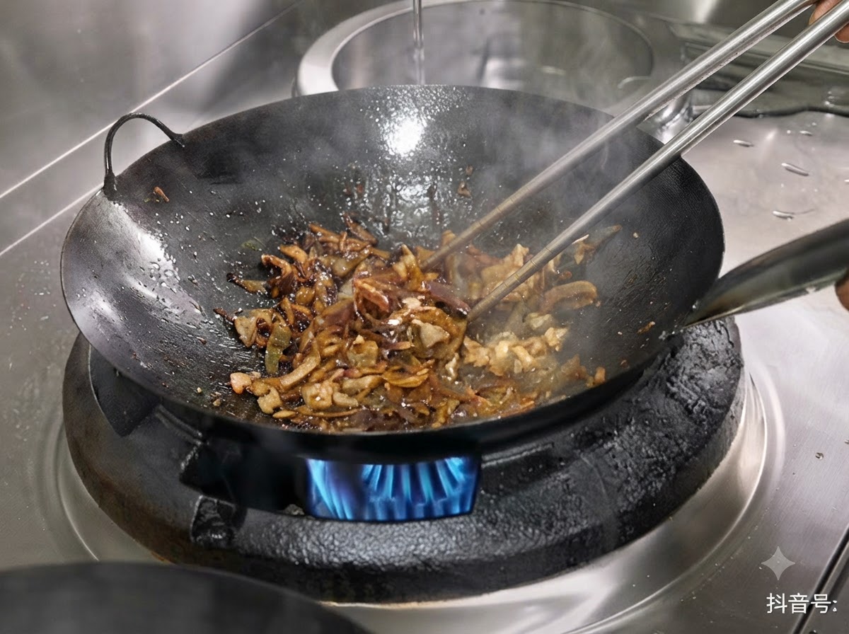Agua siendo vertida en un wok negro lleno de carne salteada y trozos de brotes de bambú sobre una llama.