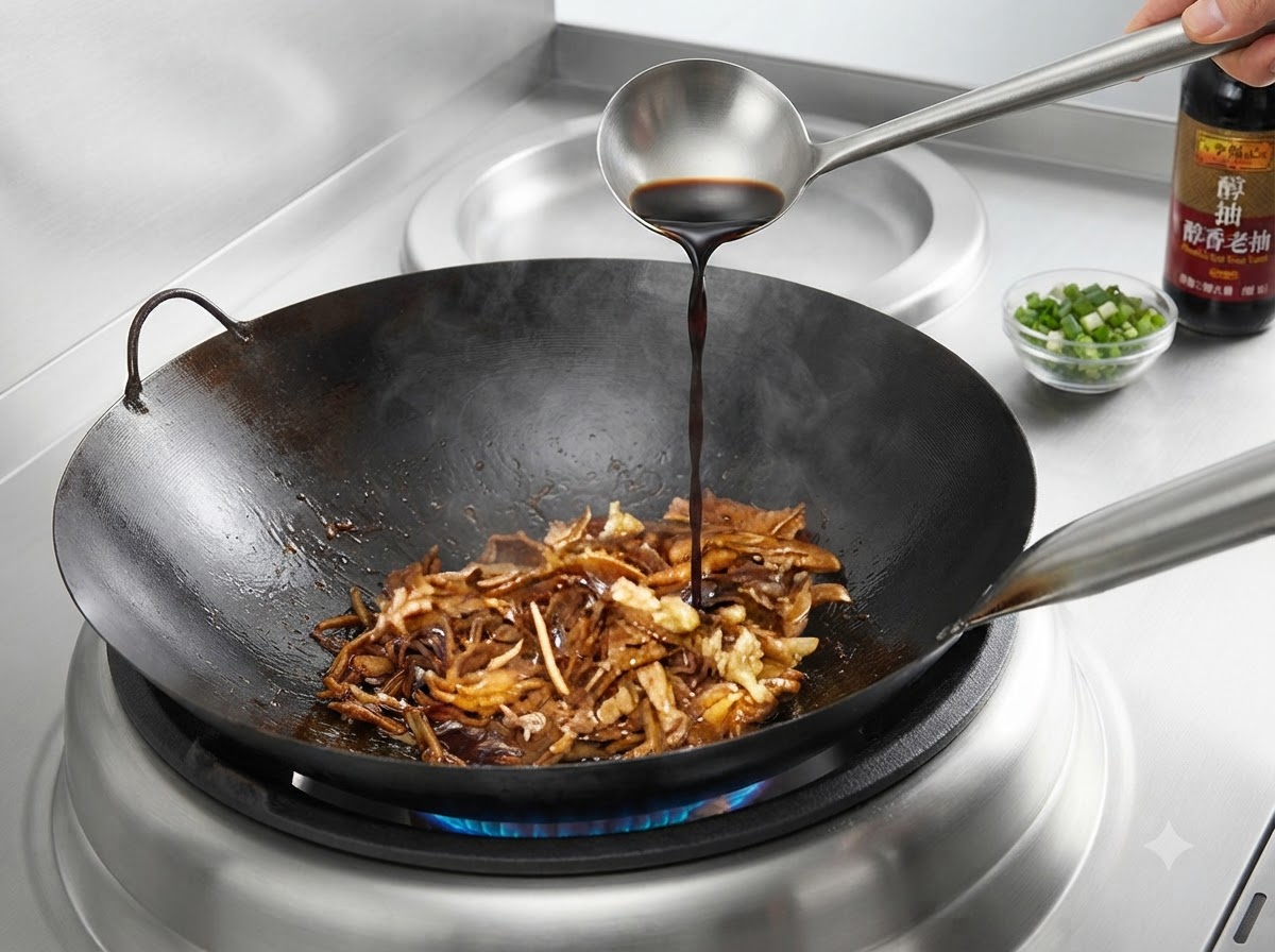 Salsa de soja oscura siendo vertida desde un cucharón de metal en un wok con carne estofada y brotes de bambú.