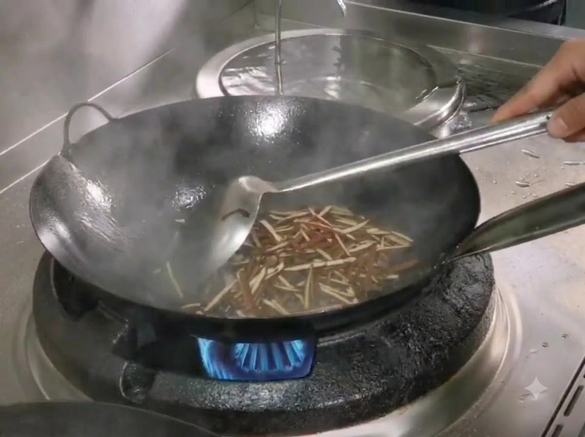 Tiras de brotes de bambú seco siendo salteadas en un wok negro usando una espátula de metal.