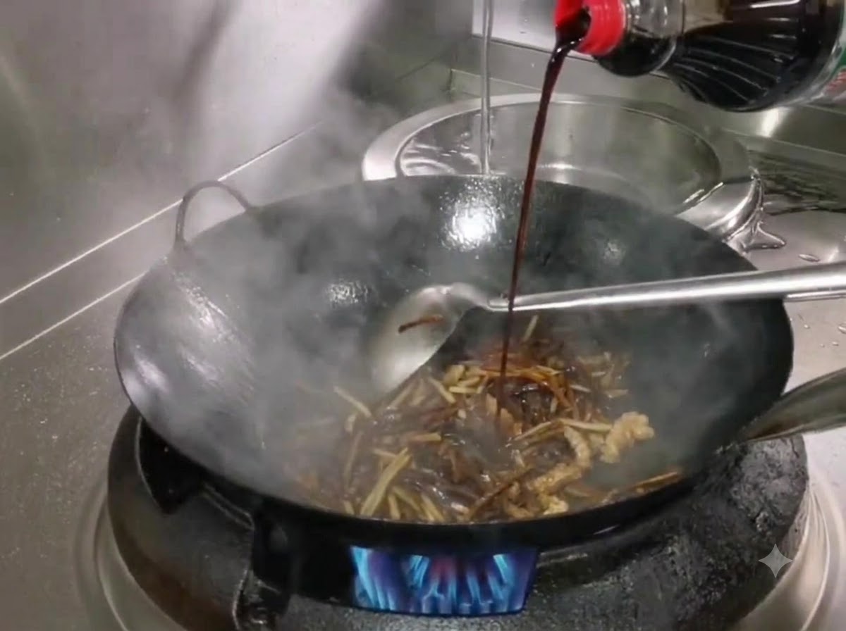 Salsa de soja ligera siendo vertida desde una botella en un wok humeante con brotes de bambú y carne.