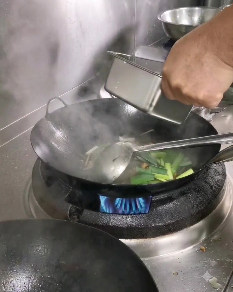 Almidón de agua siendo vertido desde un pequeño recipiente en el wok para espesar la salsa.
