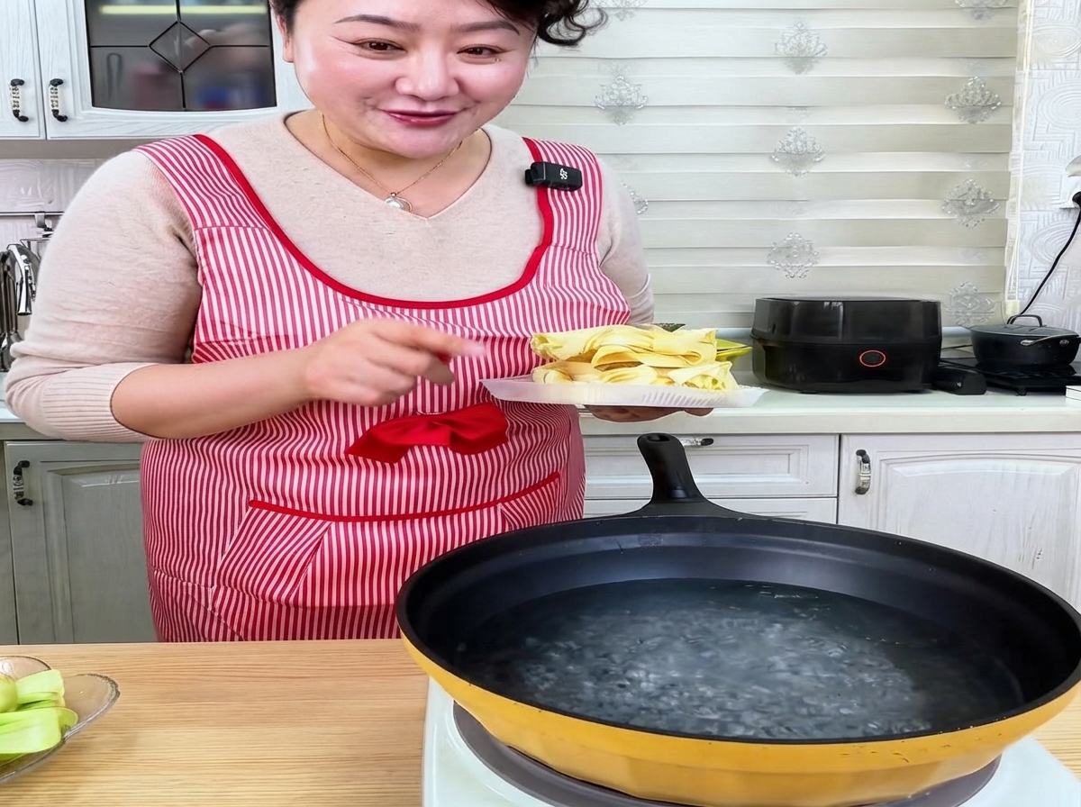 Fideos anchos de trigo secos colocándose en una olla con agua hirviendo.