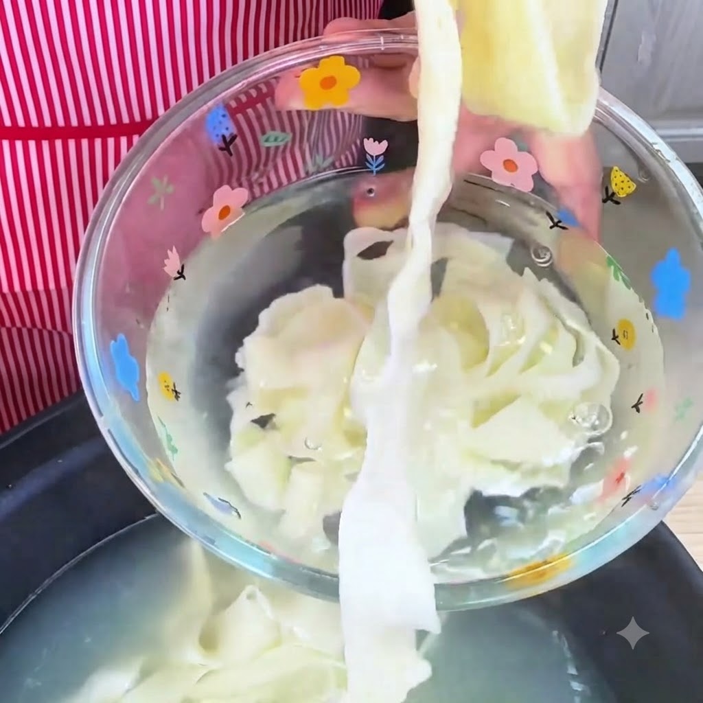 Fideos cocidos siendo enjuagados y enfriados en un tazón de agua fría.