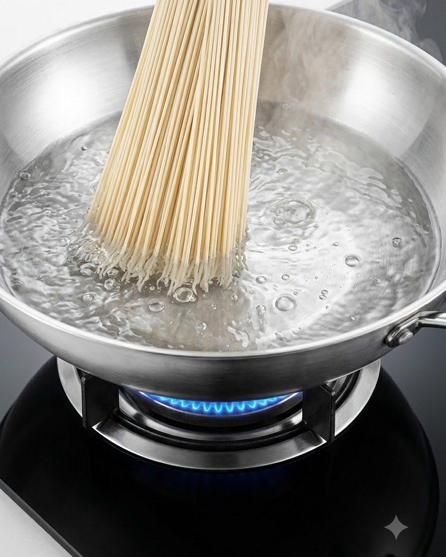 Un manojo de fideos secos sumergiéndose en una olla grande de acero inoxidable con agua hirviendo en una estufa.