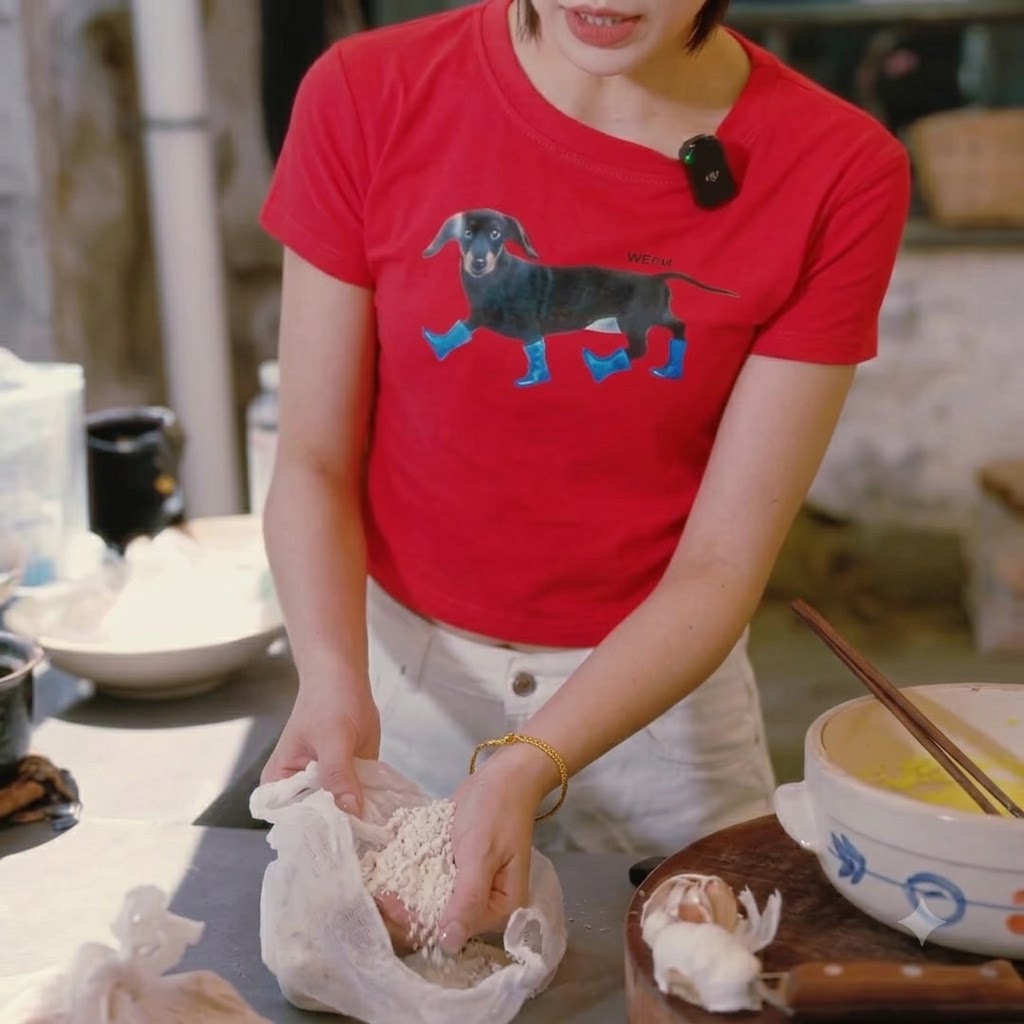 Una persona sosteniendo una bolsa de tela y espolvoreando harina de avena en el bol de mezcla.