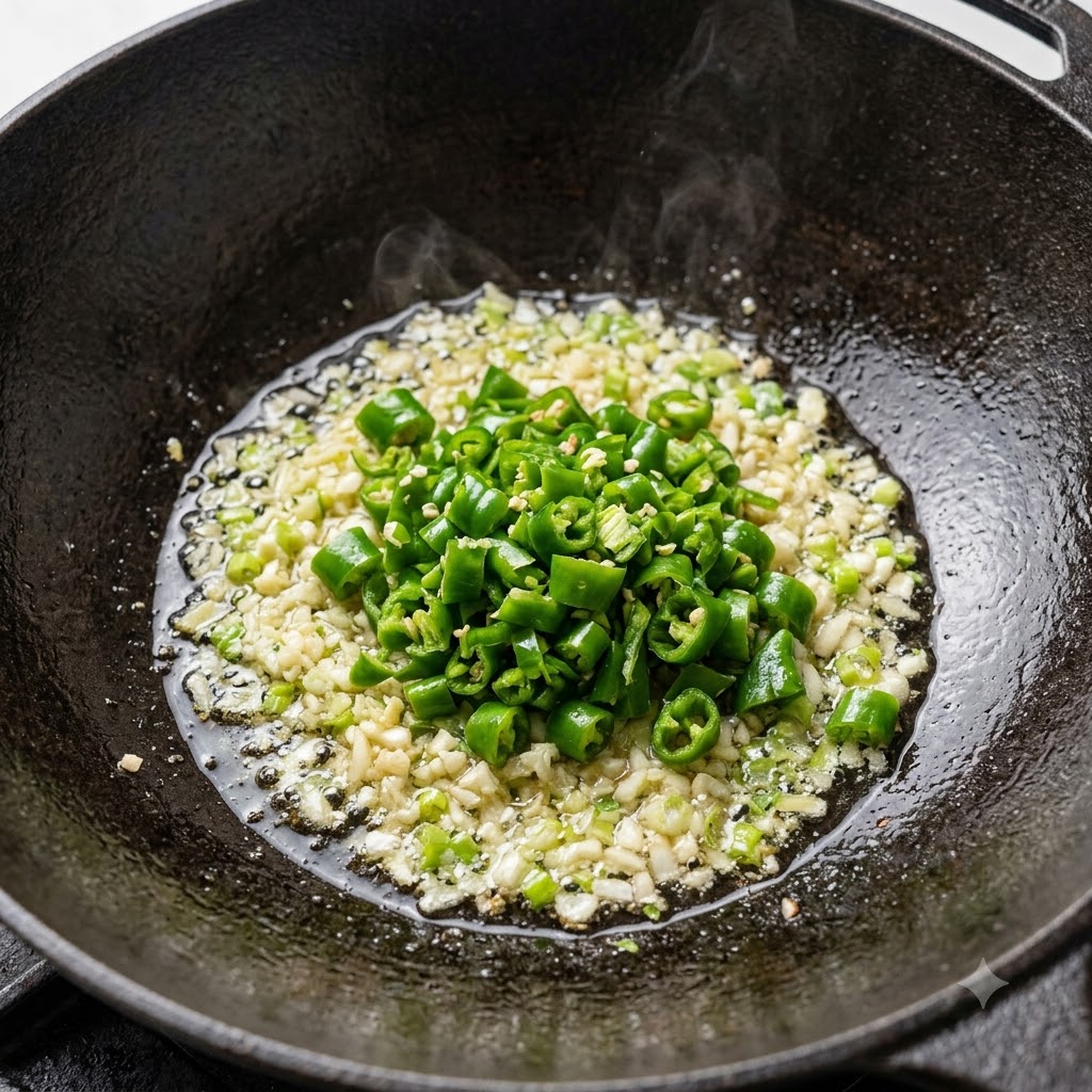 Chiles verdes picados, ajo y cebolletas chisporroteando en aceite caliente dentro de un wok de hierro fundido.