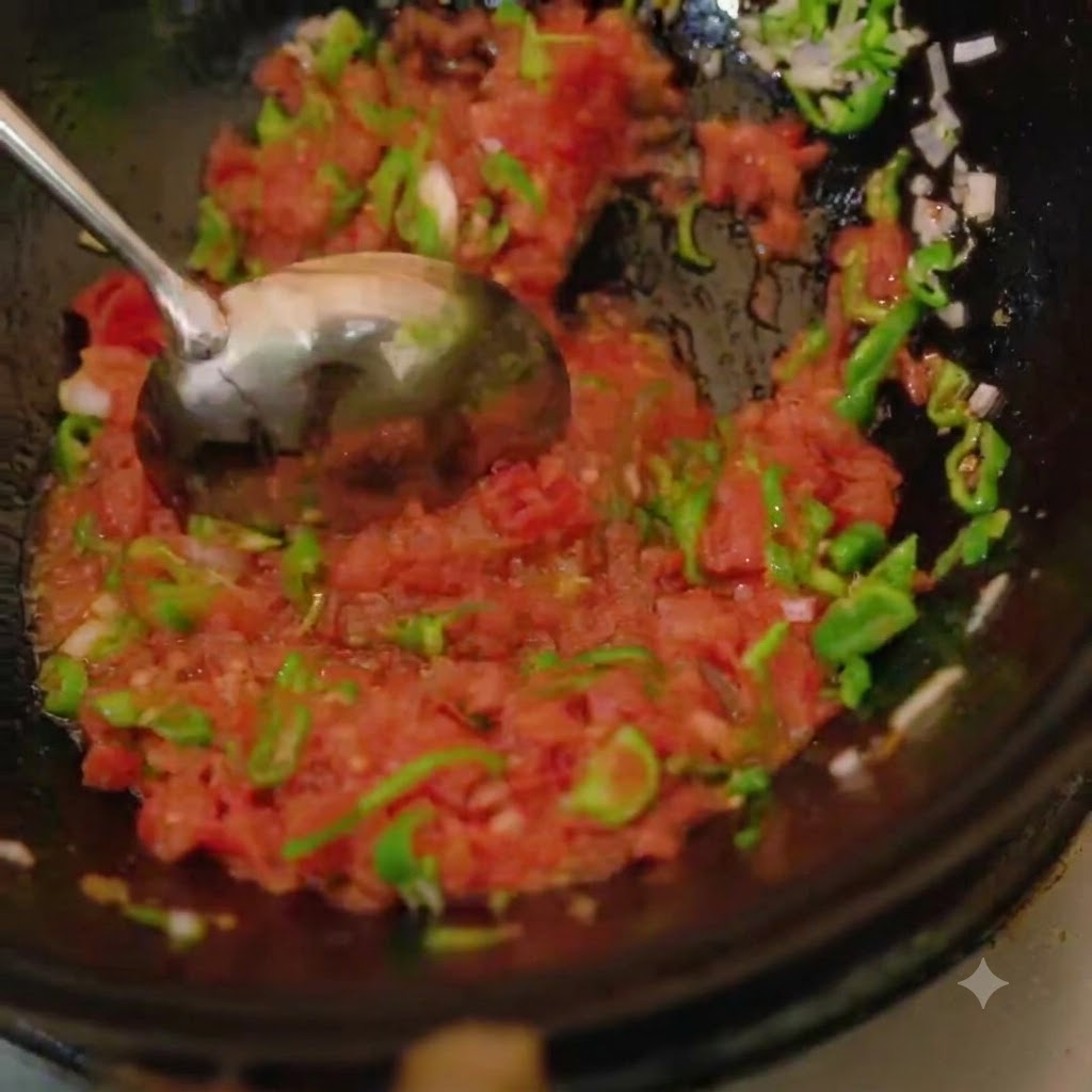 Una cuchara de metal removiendo tomates rojos picados junto con la mezcla de chile y ajo en un wok.