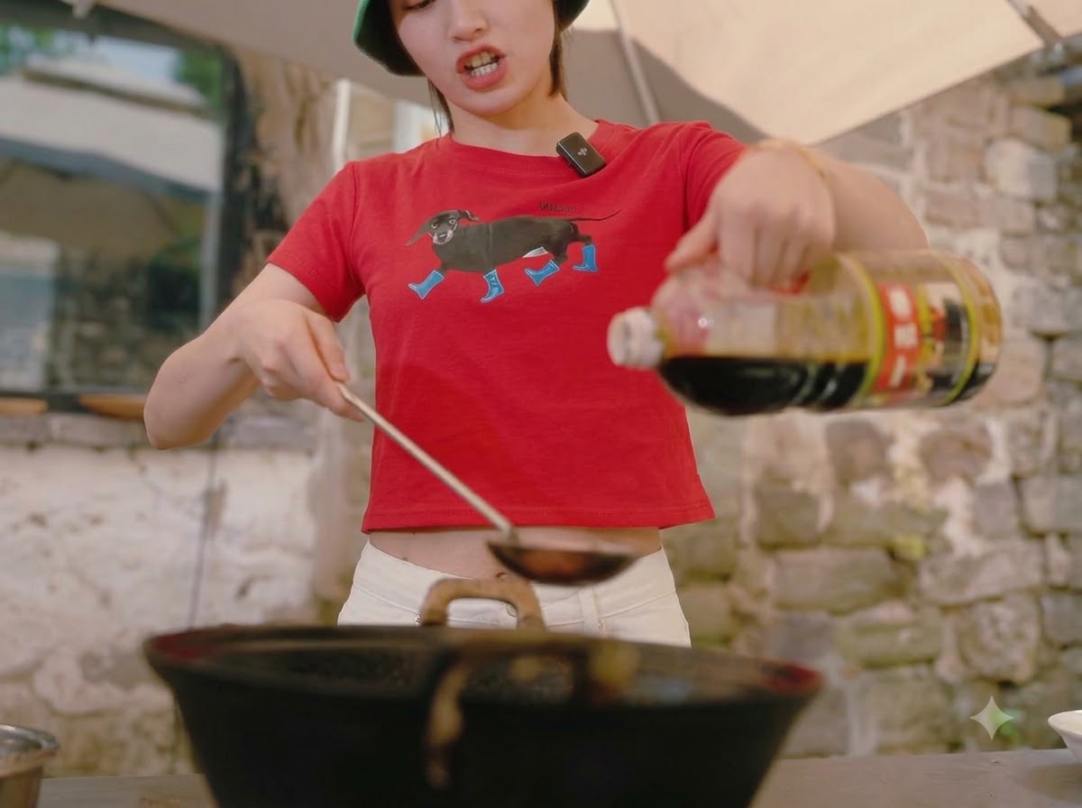 Una persona vertiendo salsa de soja ligera desde una botella a un wok con salsa de tomate a fuego lento.