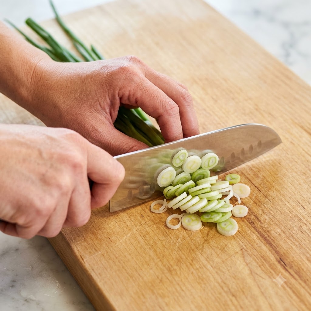 Cebolletas verdes siendo cortadas en pequeños segmentos redondos sobre una tabla de madera usando un cuchillo de chef.