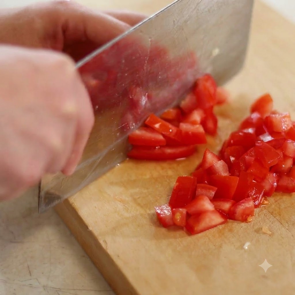 Un tomate rojo siendo cortado en cubitos pequeños con un cuchillo de cocina grande sobre una tabla de madera.