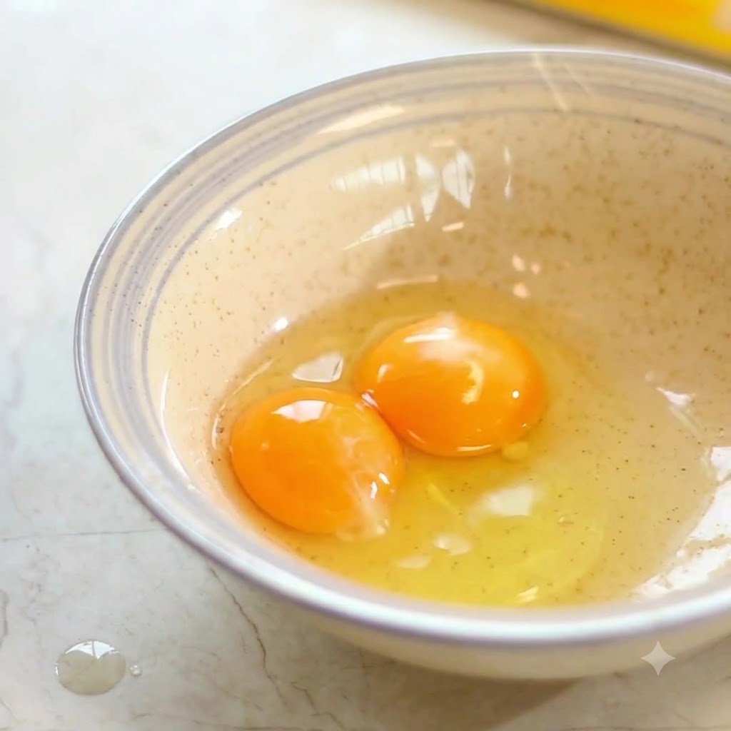Dos huevos enteros cascados dentro de un bol de cerámica moteado, listos para ser batidos con palillos.