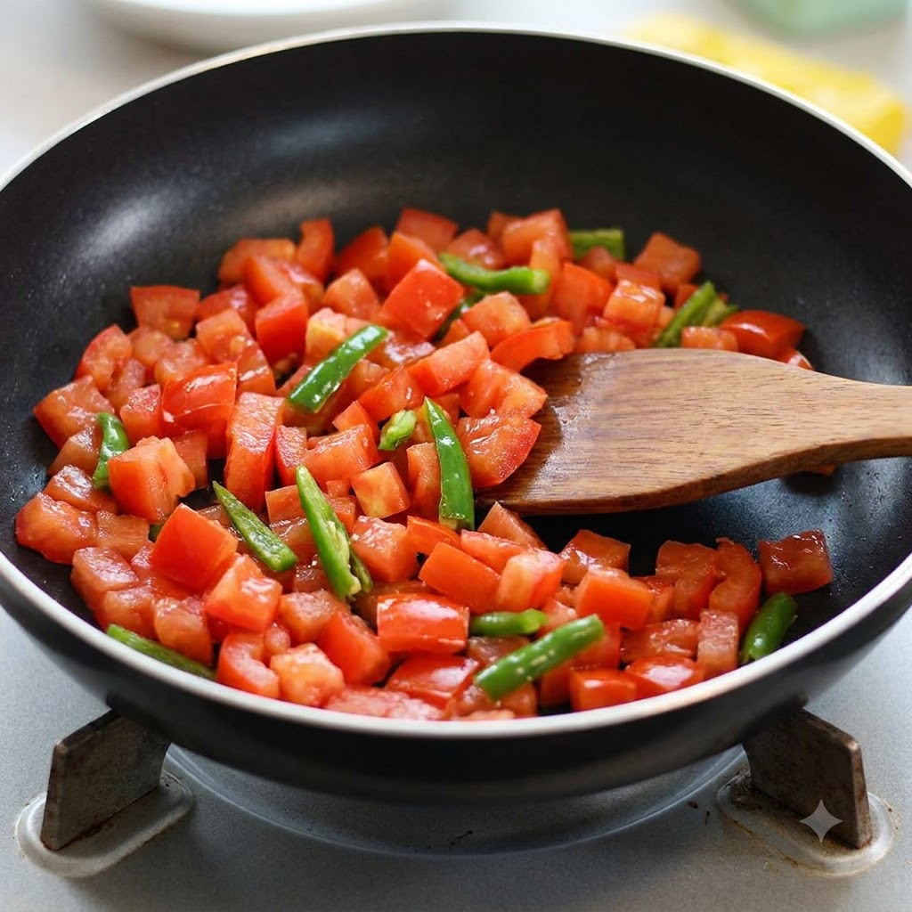 Tomates y chiles verdes siendo salteados en una sartén negra con una espátula de madera.