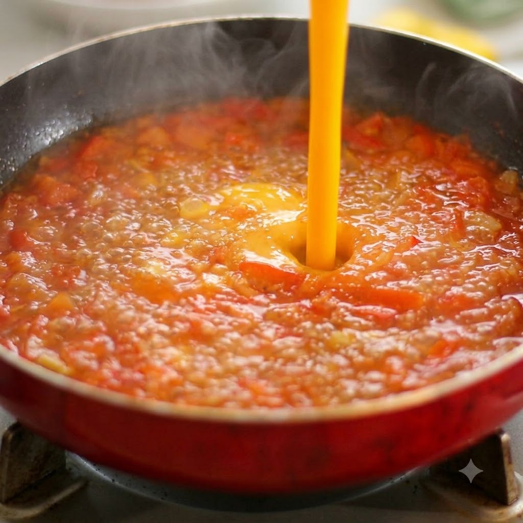 Agua siendo vertida desde arriba en una sartén roja burbujeante con tomates cocinados.