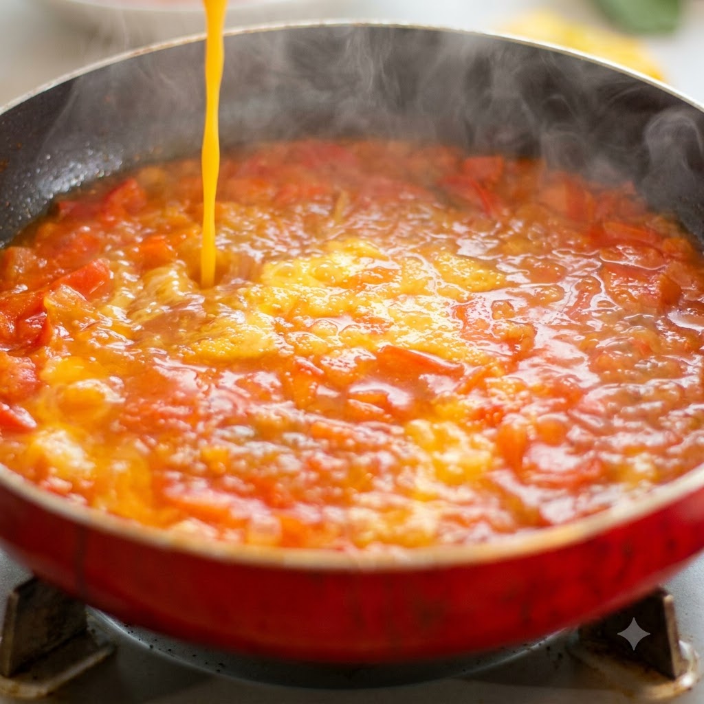 Líquido de huevo batido siendo vertido en la base de sopa de tomate burbujeante.