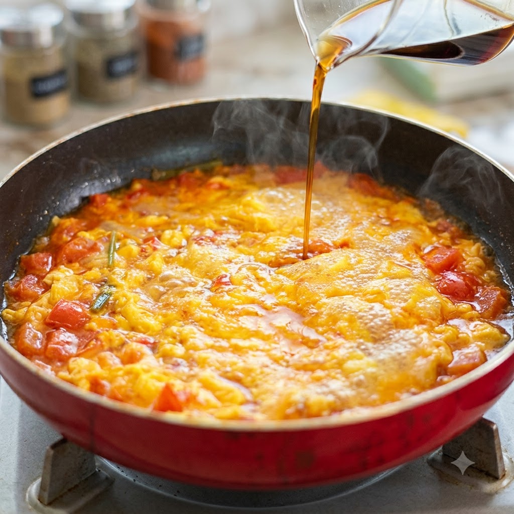 Salsa de soja clara siendo vertida desde una taza medidora de vidrio en la sartén de tomate y huevo a fuego lento.